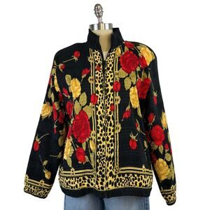 Vintage In Look Red Yellow Floral Rose Cheetah Print Full Zip Jacket (Sz L)